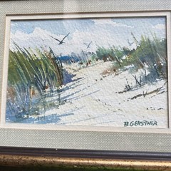 Signed Bernard Gerstner Small Original Painting of Sand Dunes, Dune Grass Birds