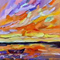 Oil painting on canvas ORIGINAL art Boat seascape ocean artwork Sunset 14×14″