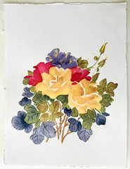 80s Floral Rose Watercolor Art MCM Bold Retro Flowers Leaf Rustic Garden 15×11″