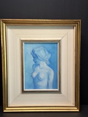 Vintage MCM Oil Painting Nude Portrait Woman In Blue Tones Framed EUC