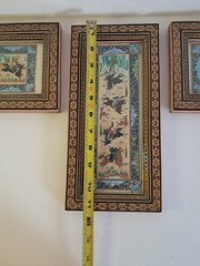 3 Vintage Persian Miniature Painting Khatam Marquetry Frame Hunting Chovgan Art