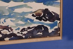 Vintage Coastal Scene With Rocks Ocean Watercolor Painting Signed Nancy M Kirk