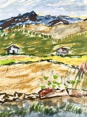 Original Landscape Watercolor Painting CO Mountains Cabins Pond Signed 6×8