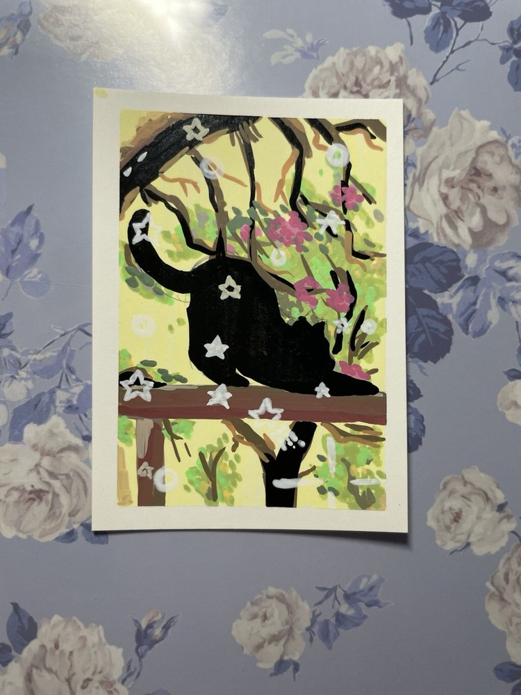 ACEO Cat Kitty “Comfy Stretch” Original Art Card Hand Painted 2.5×3.5