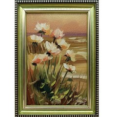 White Flowers Seascape Original Oil Painting 4×6 Framed Signed Coastal Beach Art