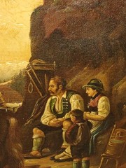 19th Century European Oil Painting – Family and Horse in Mountain Landscape