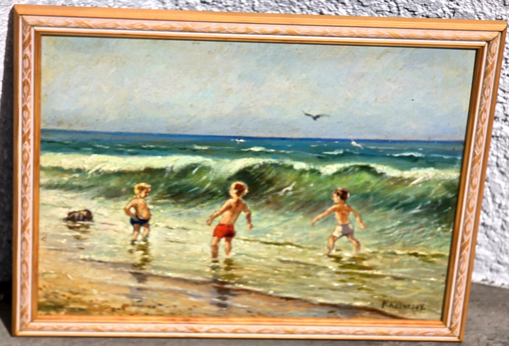 Konstantin Kuznetsov Listed Russian Framed Oil on Board Children Playing Beach