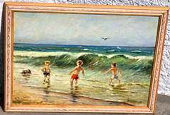Konstantin Kuznetsov Listed Russian Framed Oil on Board Children Playing Beach