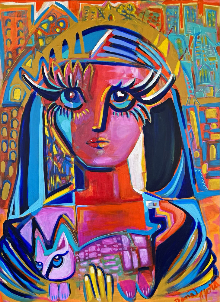 Colorful Modern Portrait Painting of Woman Holding Cat, Egyptian-Style