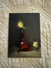 YELLOW ROSES WITH RED GLASS VASE OIL Painting Art Floral Still Life 5×7