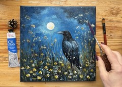 Raven Original Oil Painting Black Crow painting Crow Wall Art Bird Impasto Art