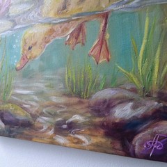 Diving Duckling Original Oil Painting Duck Pond Wildlife Animal Nature Art Gift