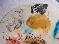 Artist Painting Palette Used By Artist-Wooden White Board- Original Paint 17.7″L