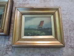 2 Framed Antique Nautical Oil Paintings with Sailboats on Board