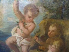 ATTR FRANCOIS BOUCHER „ANGEL PUTTI“ ANTIQ OIL ON CANVAS INVENT STAMPED ON BACK.