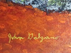Vintage folk art painting creature in tree trunk (see it?) forest signed