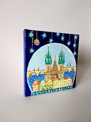 Whimsical Prague Original Oil Painting, Folk Art Cityscape Oil on Canvas 6×6 in