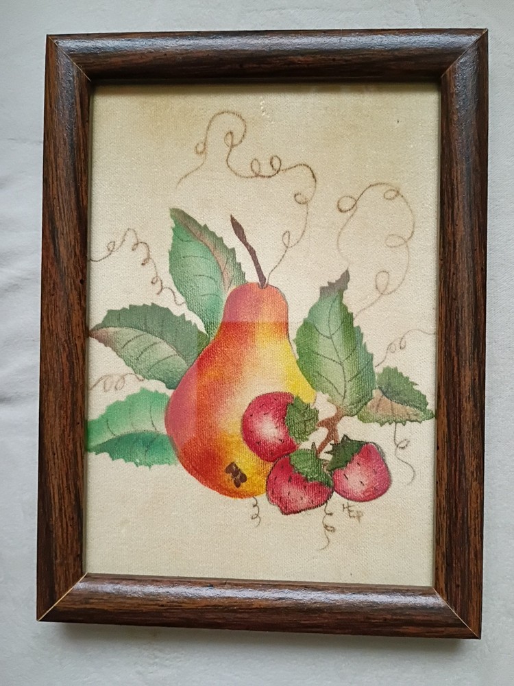 Vtg Still Life On Velour Pear And Strawberries Signed Aprox 7.75″×5.75″