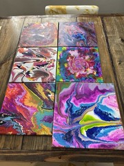 Original Acrylic Pour Painting Abstract Art signed canvas Lot Of 6- 10”x10”