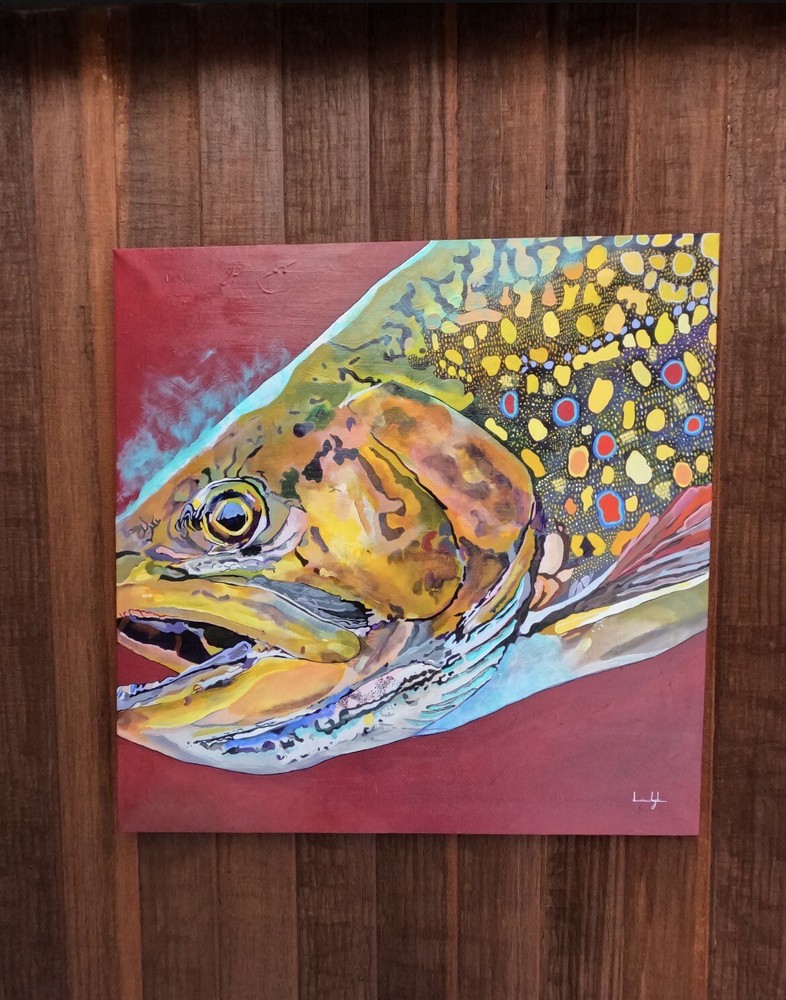 Original Acrylic Painting on Canvas large 36”x36” Brook Trout fly fishing