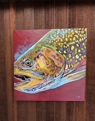 Original Acrylic Painting on Canvas large 36”x36” Brook Trout fly fishing