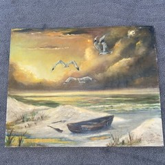 Vntg Original 1970’s Seascape Oil Painting Seagulls Birds Boat Beach 16” X 20”