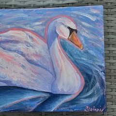 Original Swan Painting 17″x11″ Acrylic on Canvas Coastal Cottage Art Handmade