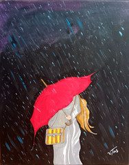 Original Acrylic Painting 16×20 Woman Red Umbrella Rainy Day Canvas Wall Art