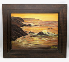 Vintage Seascape Painting Coastal Sunset Rocky Cliffs Framed Signed Original