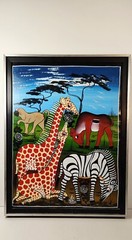 Safari Folk Art Painting Zebra Giraffes Tinga Tinga 9″ X 11″ Signed Framed