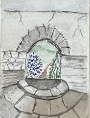 “My Secret Garden” ACeO Watercolor By DBossert Features Stone Doorway &Landscape