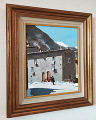 Snowfall in an Old Italian Village Winter Landscape Vintage Oil Painting signed