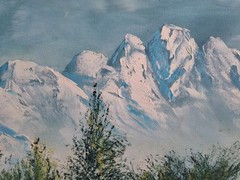 Cabin in the woods oil painting mountain snow peaks on a lake Signed Fink
