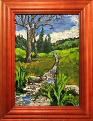 Original acrylic painting , small framed landscape , country scenery with brook