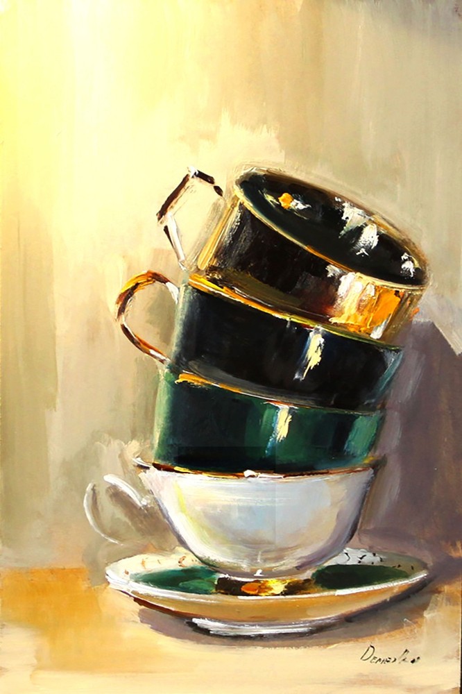 VINTAGE GREEN and gold cups Oil Painting 8x12in UKRANE