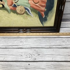 Watercolor Mid Century Painting Asian Japanese Lady in Kimono Ornate Wood Frame