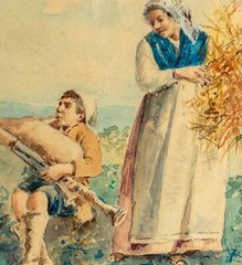 Antique Italian Watercolor, Peasants, Boy with Zampogna, Illegibly Signed