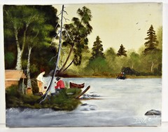 14″ Oil Painting Canvas Lea Mikel Fishermen Lake Forestscape Decor #80