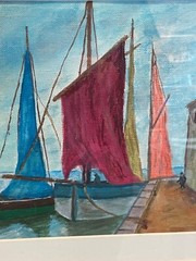 Vintage Oil Painting Greek Fishing Boats Framed 16” by 13”