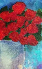 Red roses oil Original painting, Still life with bright red roses in a vase