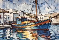 ORIGINAL Painted Pen and Watercolor (ACEO) Cyclades Harbor