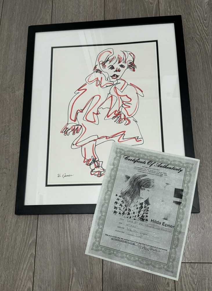 HILDA EPNER B1929 D2023 QUALITY ABSTRACT SINGLE LINE DRAWING FRAMED 17”x21” RED
