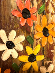 VTG Retro 1970s Mexican Oil Painting ~ Daisies ~ Hand Carved Frame ~ 16×18″