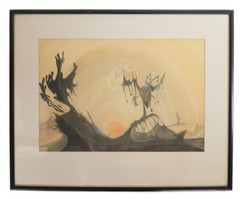 C.B. Simonet 20th C Surrealist Gouache Painting Landscape in black wood frame