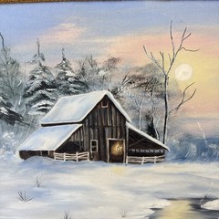 Evening Snow vintage oil painting signed 1993 barn moonlight landscape winter