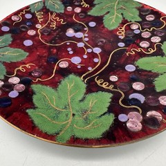 Vintage Enamel On Copper 6” Plate Trinket Dish Wall Decor Grapes Leaf Motif
