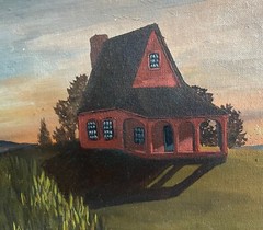 VIntage 1960s Landscape House Painting Mid Century Modern Wall Art Signed Boyko