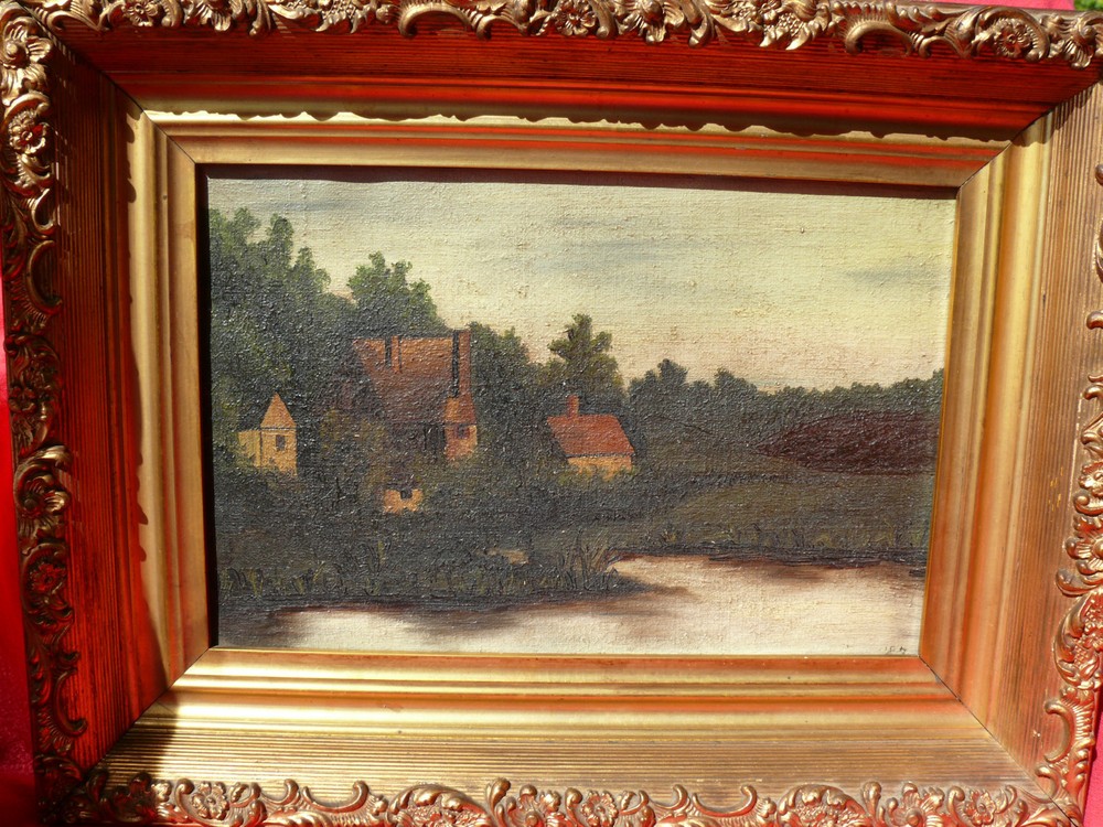 19th Century ‚1887‘ Oil on Canvas By B.W. MANN Landscape Cottages On River Scene