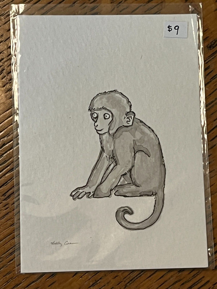 ACEO Original Pen and Ink Painting Monkey Artist Trading Card Sketch Drawing