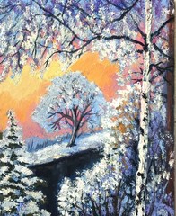 Landscape Oil Painting 30x24cm Snow Sunset Winter Scene on Canvas Board Art